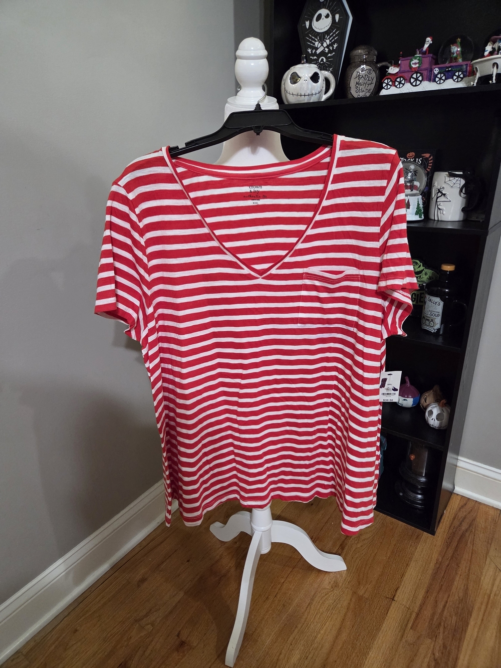 crown & ivy Red and White Striped V-Neck Pocket Tee